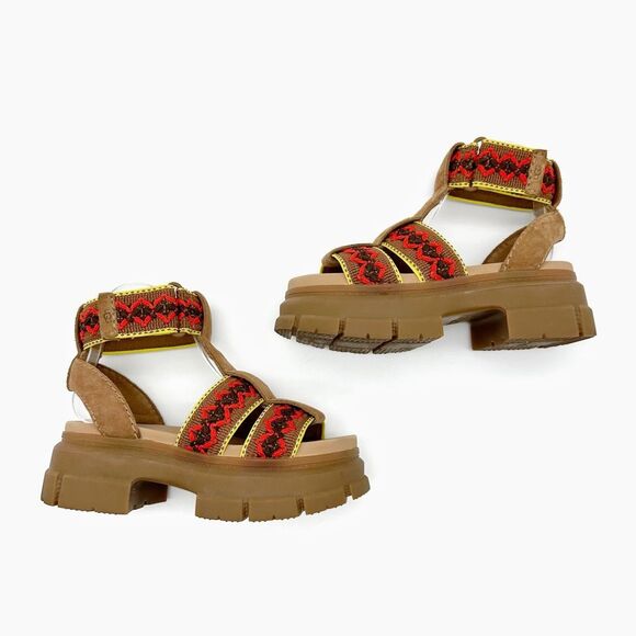 UGG Ashton Heritage Ankle Strap Lug Heel Chunky Sandals Size 7 Crochet Brown Red - Picture 6 of 11